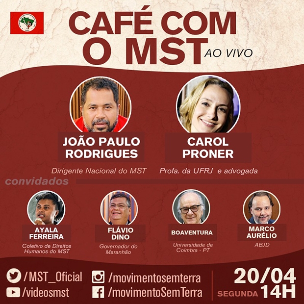 LIVE Café com o MST com Marco Aurélio de Carvalho e Carol Proner – 20/04 às 14h